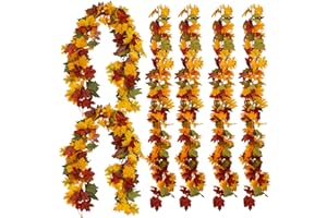 PARTY JOY 6PCS Orange Leaf Garland, 5.6Ft Halloween Garland Artificial Maple Leaf Autumn Hanging Fall Vines Thanksgiving Decorations Fall Decor