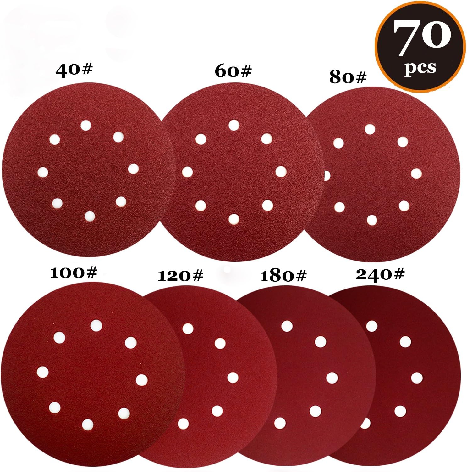 125mm Sanding Disc - 5 Inch Sanding Discs Pads Sandpaper Sander Pads Paper Assorted for Random Orbital Sander Hook and Loop 40 60 80 100 120 180 240 Grits 8-Holes 70PCS