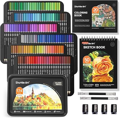 Shuttle Art 174 Colors Soft Core Coloring Pencils Set w/ Book, Pad, 4 Sharpeners
