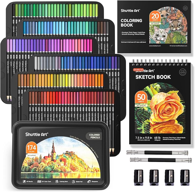 Shuttle Art 174 Colors Soft Core Coloring Pencils Set w/ Book, Pad, 4 Sharpeners