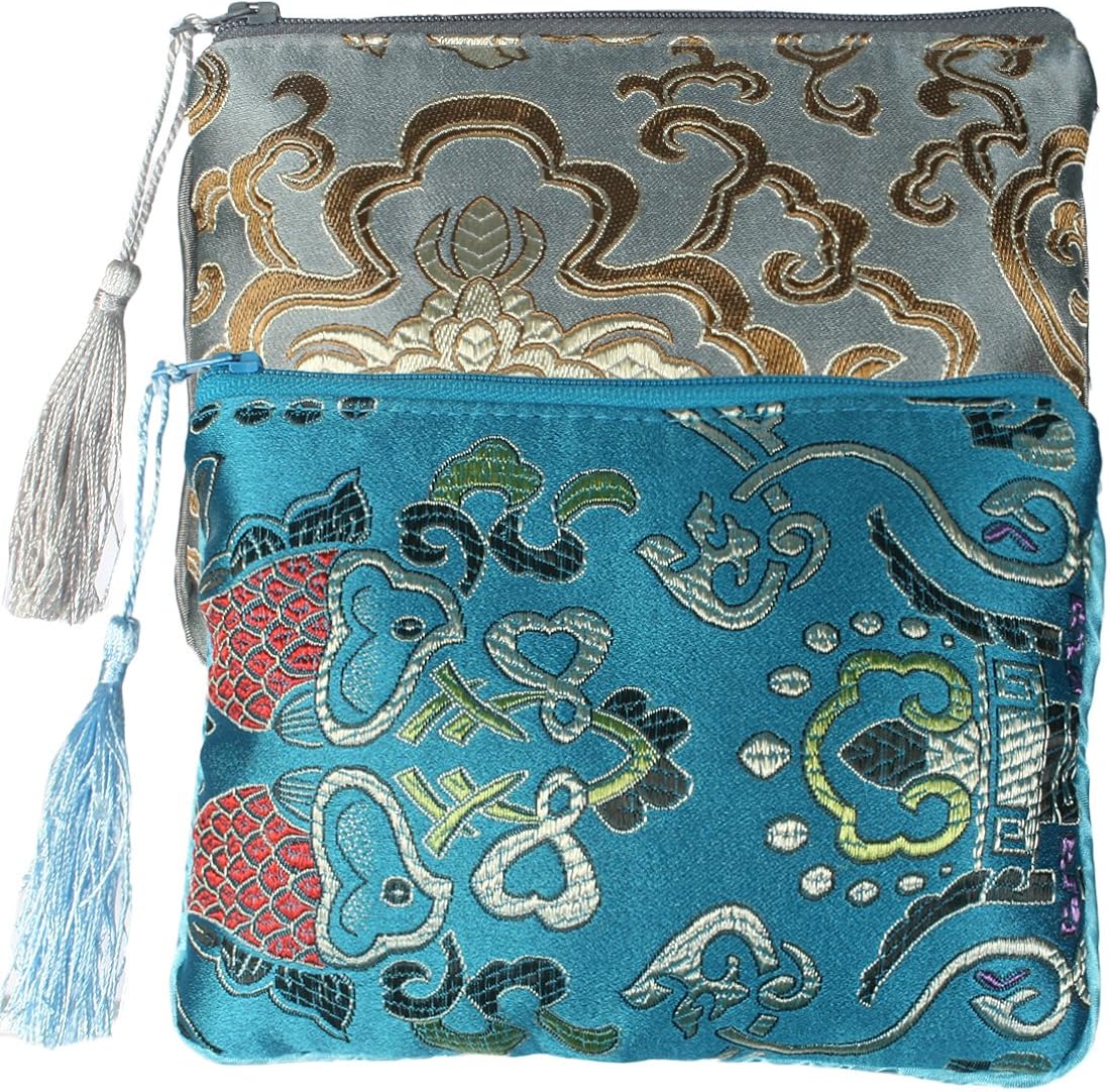 kilofly Chinese Silk Brocade Padded Tassel Zipper Jewelry Pouch Bag, Set of 2, Set2 B, 6 inch