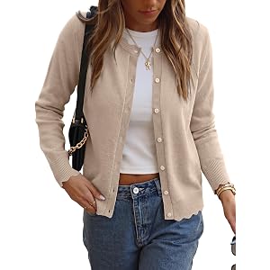 ANRABESS Women Lightweight Button Down Cardigan Sweaters | Long Sleeve Crew Neck Scalloped Trim,Summer Soft Knit, Work Busine