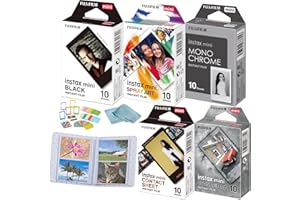 Fujifilm instax Mini Instant Film (50 Exposures: 10 of Each) Black Frame, Spray Art, Monochrome, Contact Sheet, Stone Gray Variety Pack + BluebirdSales Accessories Bundle + Black Photo Album