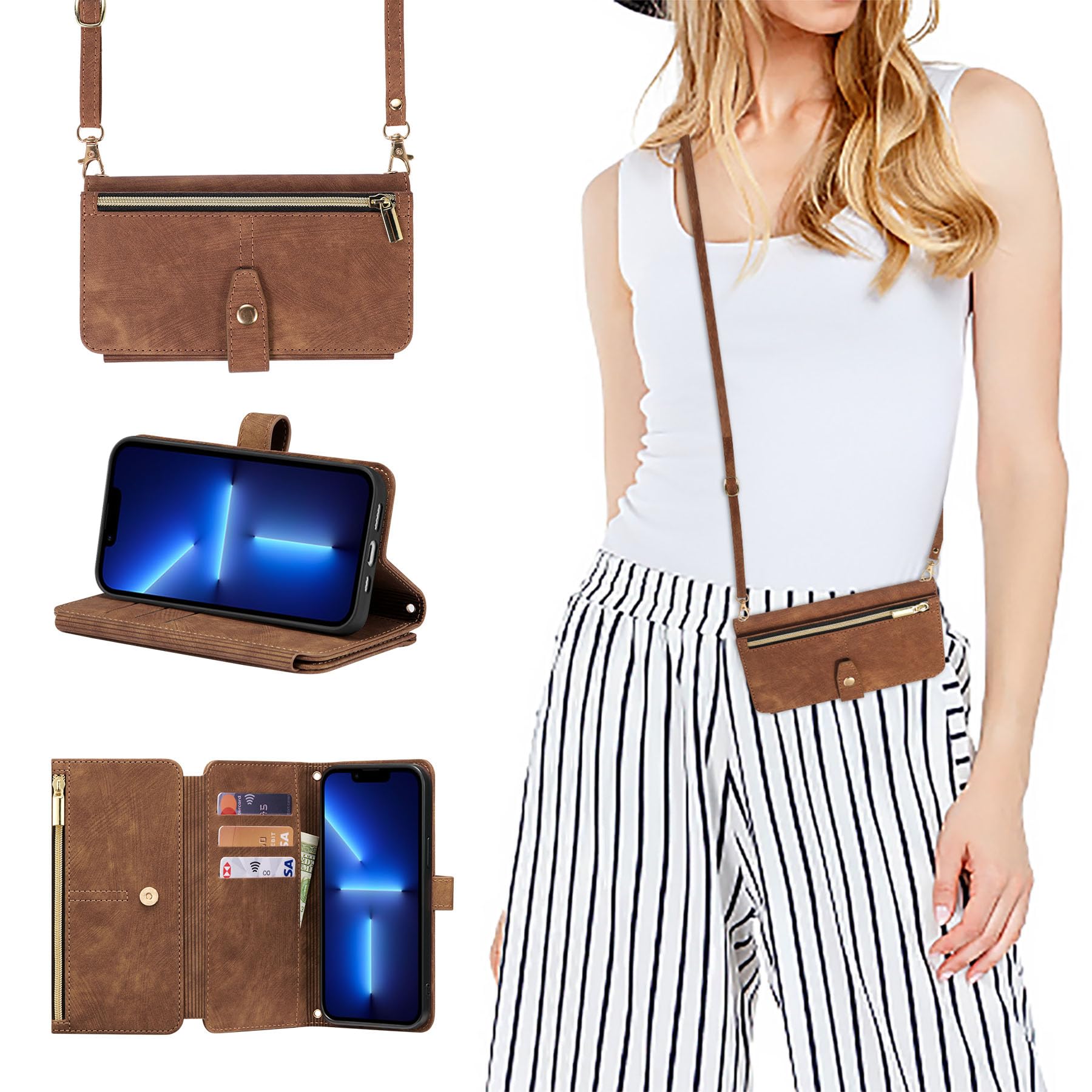 ZCDAYE Case for iPhone 15 Pro Max, iPhone 15 Pro Max Wallet Phone Case, Premium Zipper (with Long Lanyard) Flip Leather Phone Case for iPhone 15 Pro Max,Brown