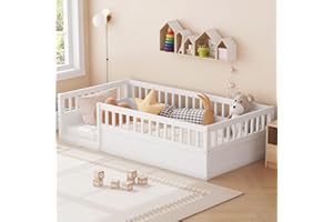 Favfurish Twin Size Montessori Floor Bed, Solid Wood Playhouse Bedframe with Safety High Fence for Kids, Girls, Boys, Bedroom, Playroom, Easy Assembly & No Box Spring Needed, White