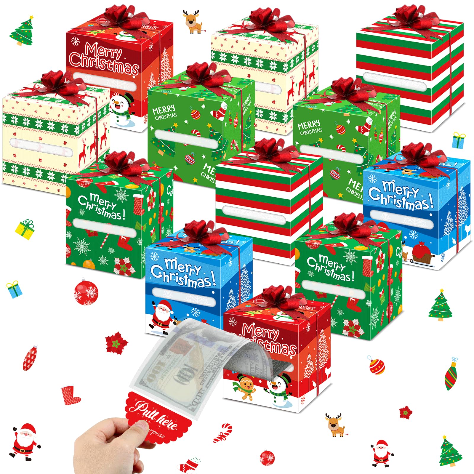 Photo 1 of 12 Pcs Christmas Money Box for Cash with Bows Merry Christmas Money Holders Pop Up DIY Snowflake Xmas Surprise Gift Boxes Pull for Kids Girls Boys with Gingerbread Santa Claus Holiday Party Decor