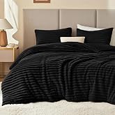 EXQ Home Fluffy Comforter Set California King Size 3 Pieces,Dark Black | Super Soft Faux Fur Stripe Jacquard Comforter Set,Fleece Bedding Set,Winter Warm Bed Set,1 Comforter with 2 Pillowcases