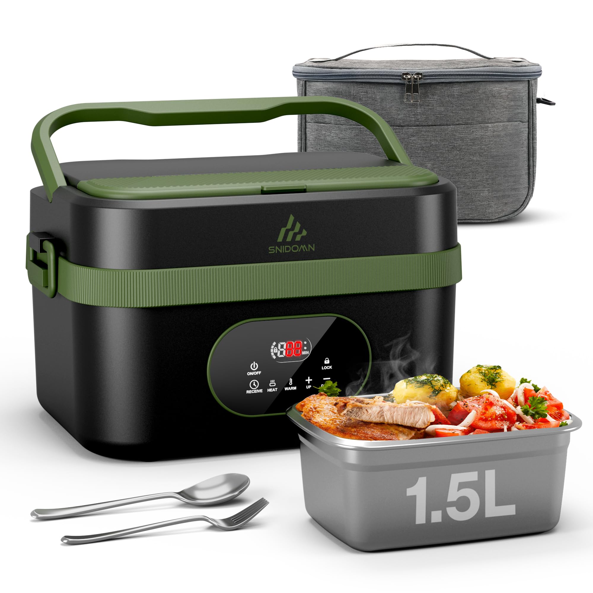 Cordless Electric Lunch Box for Adults & Men,1.5L Heated Food Warmer with Smart Timer and Self-Heating, 8000mAh Portable Lunch Boxes with Removable Divider & Leakproof for Office, Car & Outdoor