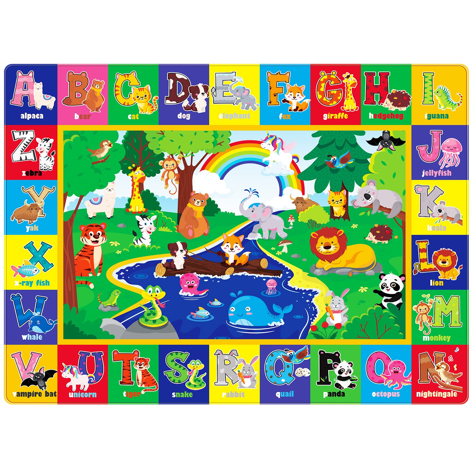Feesiluu Baby Play Mat, Super Soft Playmat Baby Crawling Mat Foldable Non-Slip Floor Mat for Toddlers, Thick Baby Play Floor Mat with Colorful Alphabets and Animals,150 x 100cm (C)
