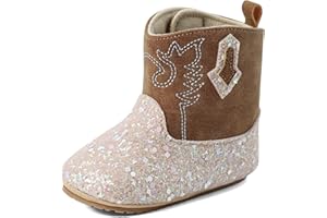 ESTAMICO Baby Girls Embroidery Western Cowgirl Boots Infant Sequin Leather Cowboy Booties Round Toe Ankle High Hook and Loop Shoes