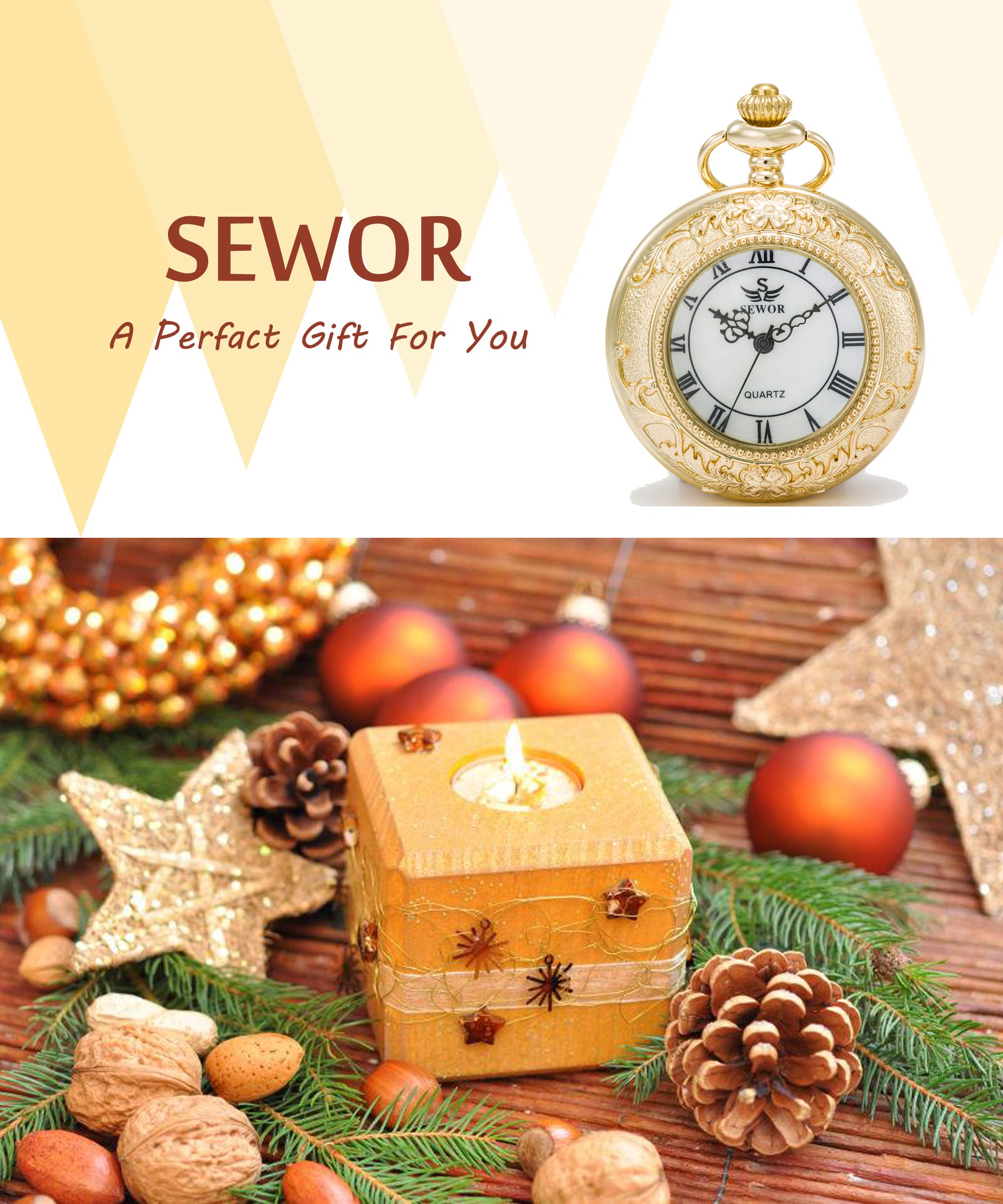 SEWOR Quartz Pocket Watch Shell Dial Magnifier Case with Two Type Chain (Leather+Metal) (Gold)