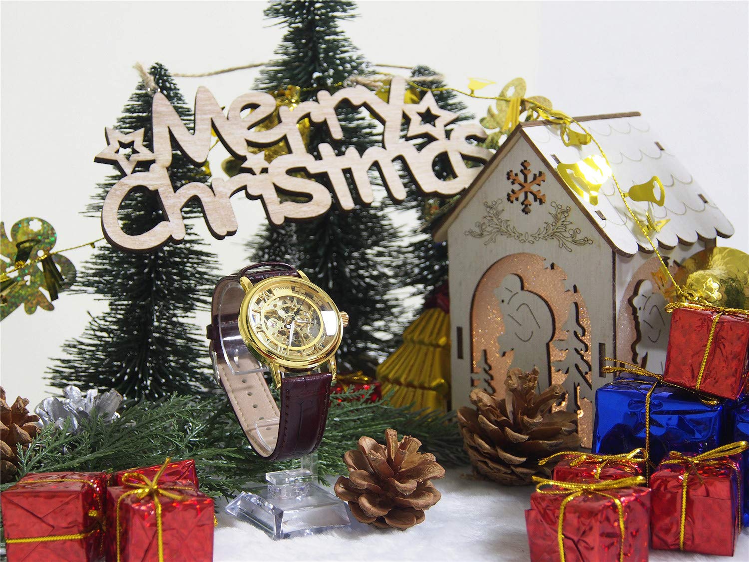 SEWOR Men\'s Mechanical Skeleton Transparent Vintage Style Leather Wrist Watch (Gold Case)