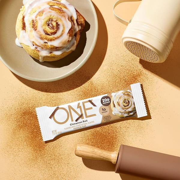 ONE PROTEIN BARS, CINNAMON ROLL, GLUTEN FREE WITH 20G PROTEIN AND 1G SUGAR, PANTRY STAPLES, 2.12 OZ (12 COUNT), PACKAGING MAY VARY