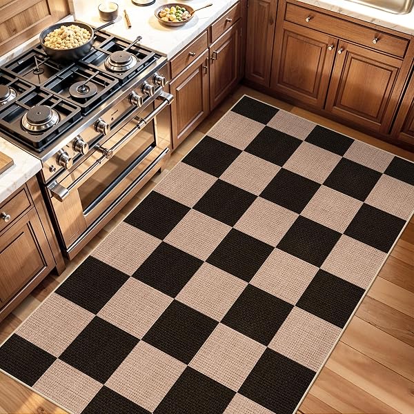 CHECKERED 3X5 NO SHED JUTE RUG: MACHINE WASHABLE NON SLIP RUGS FOR ENTRYWAY FRONT PORCH KITCHEN – DOOR MAT AREA RUG FARMHOUSE NEUTRAL NON SHEDDING – CARPET FOR BEDROOM LIVING ROOM (BLACK,3X5)