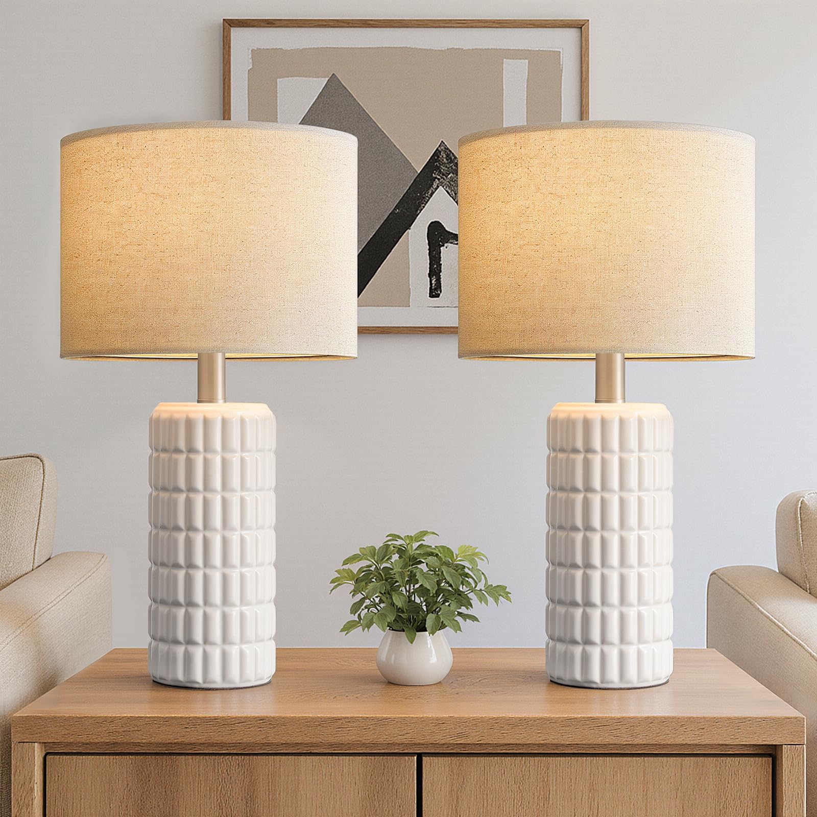 Photo 1 of 23" Modern Ceramic Table Lamps Set of 2 - Table Lamps for Living room, Farmhouse Bedside Night Stands Lamp for Bedroom, White Boho Nightstand Lamps Set of 2, Desk Lamp for End Table Home Decor