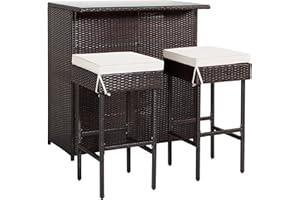 HAPPYGRILL 3PCS Patio Bar Set Rattan Wicker Bar Stools & Table with Cushions and Glass Table Top for Pool Garden Dining Set with Storage Shelves