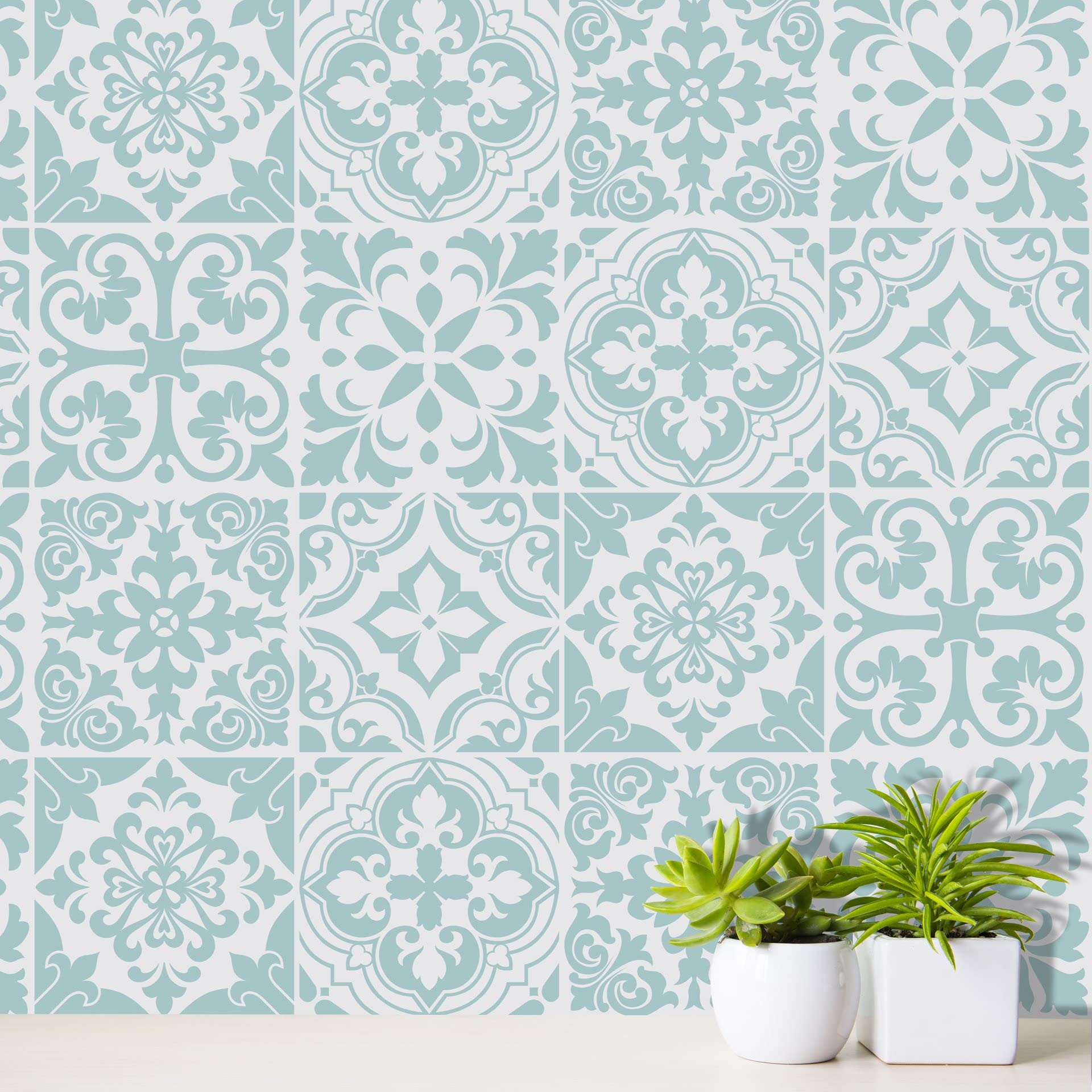 Santa Rosa Pistachio - Light Grey Stencil Tiles Wall Stickers - 15 x 15 cm (6 x 6 inches) - 24 pcs Wall Art, DIY Art, Home Decorations, Decals
