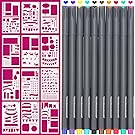 Bullet Journal Stencil and Pens, Plastic Planner Supplies Journal Notebook Diary Scrapbook 12 pieces DIY Drawing Template 4x7 Inch & 10 color fineliner bullet journal pens