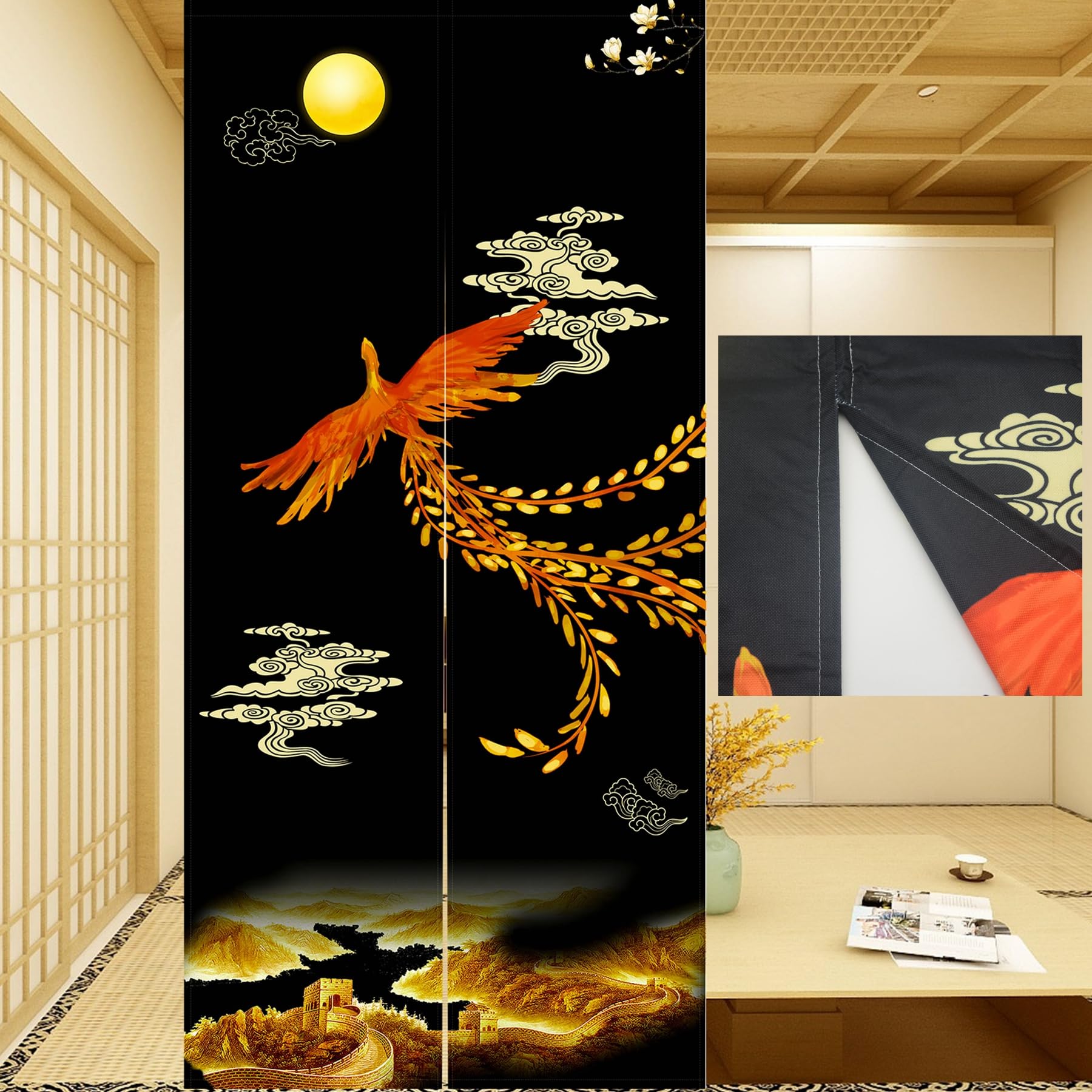 LIGICKY Chinese Style Japanese Noren Doorway Curtain Traditional Golden Phoenix Great Wall Full Moon Printed Window Treatment Hanging Door Tapestry for Home Decoration 33.5 x 70.9 inch, Double Sided