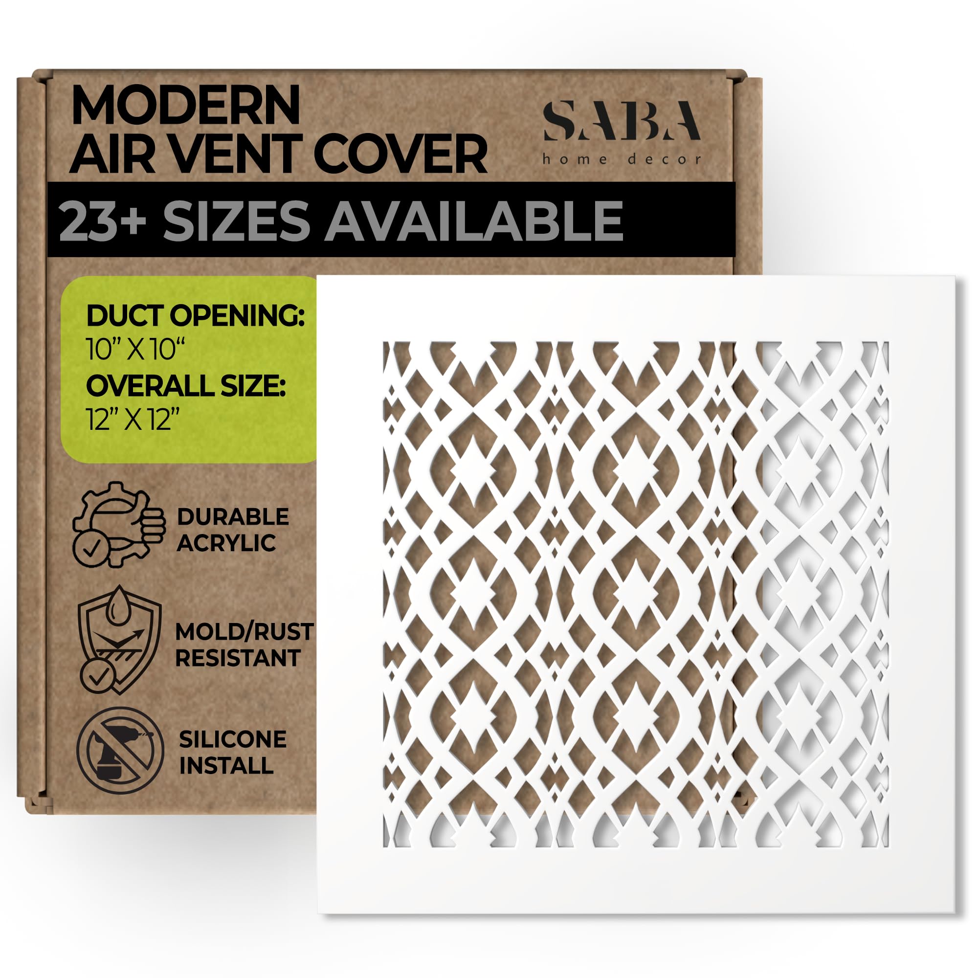 Saba Air Vent Cover Grille - Acrylic Fiberglass 10" x 10" Duct Opening (12" x 12" Overall) White Finish Decorative Register Covers for Walls and Ceilings NOT for Floor USE, Charlotte