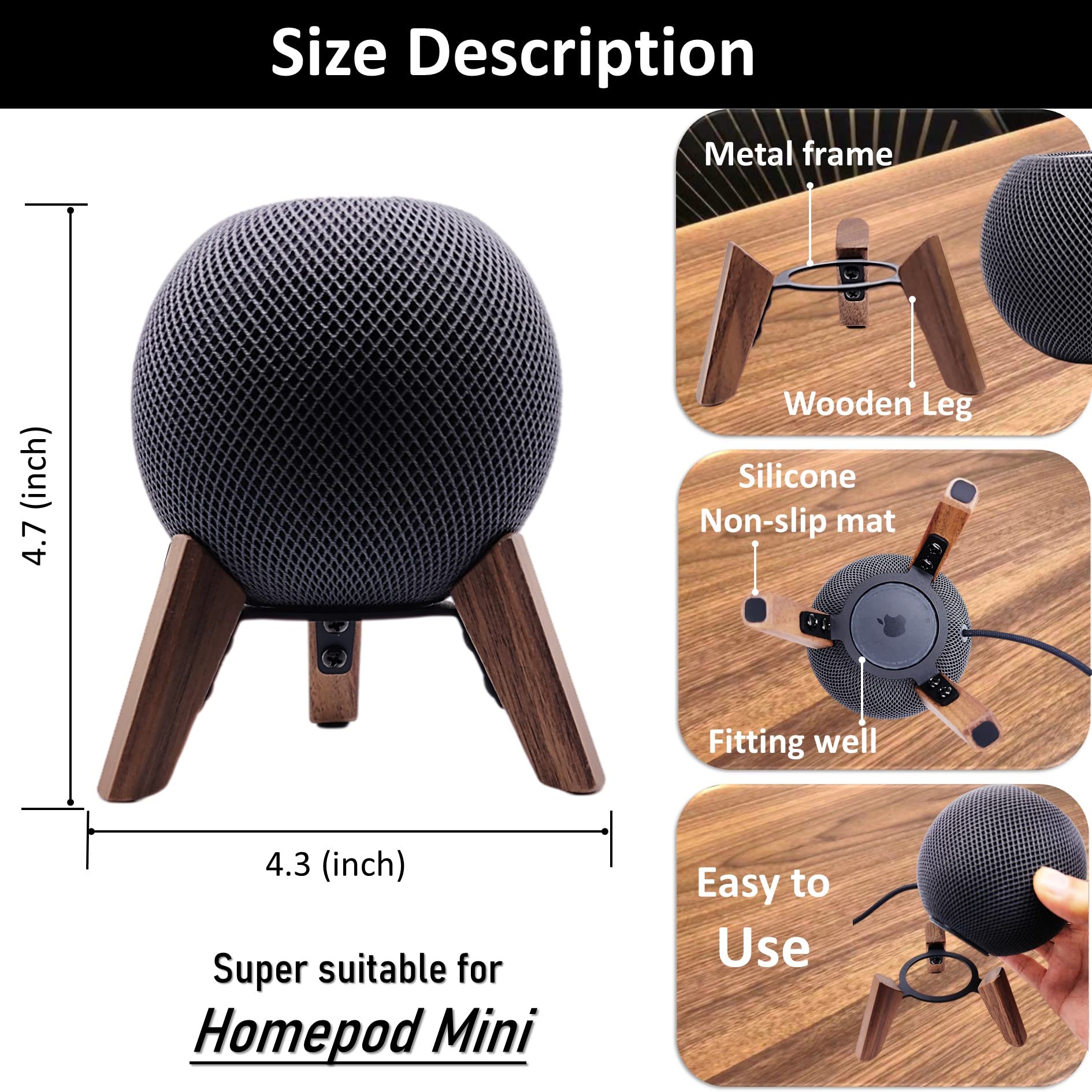 Real Wood Stand for Homepod mini(2020 Released), Wooden Holder Tripod with Metal Frame,Safe Stable Mount with Anti-Slip Silicone pad Protects Home pod mini Speaker Well (Color:Walnut)