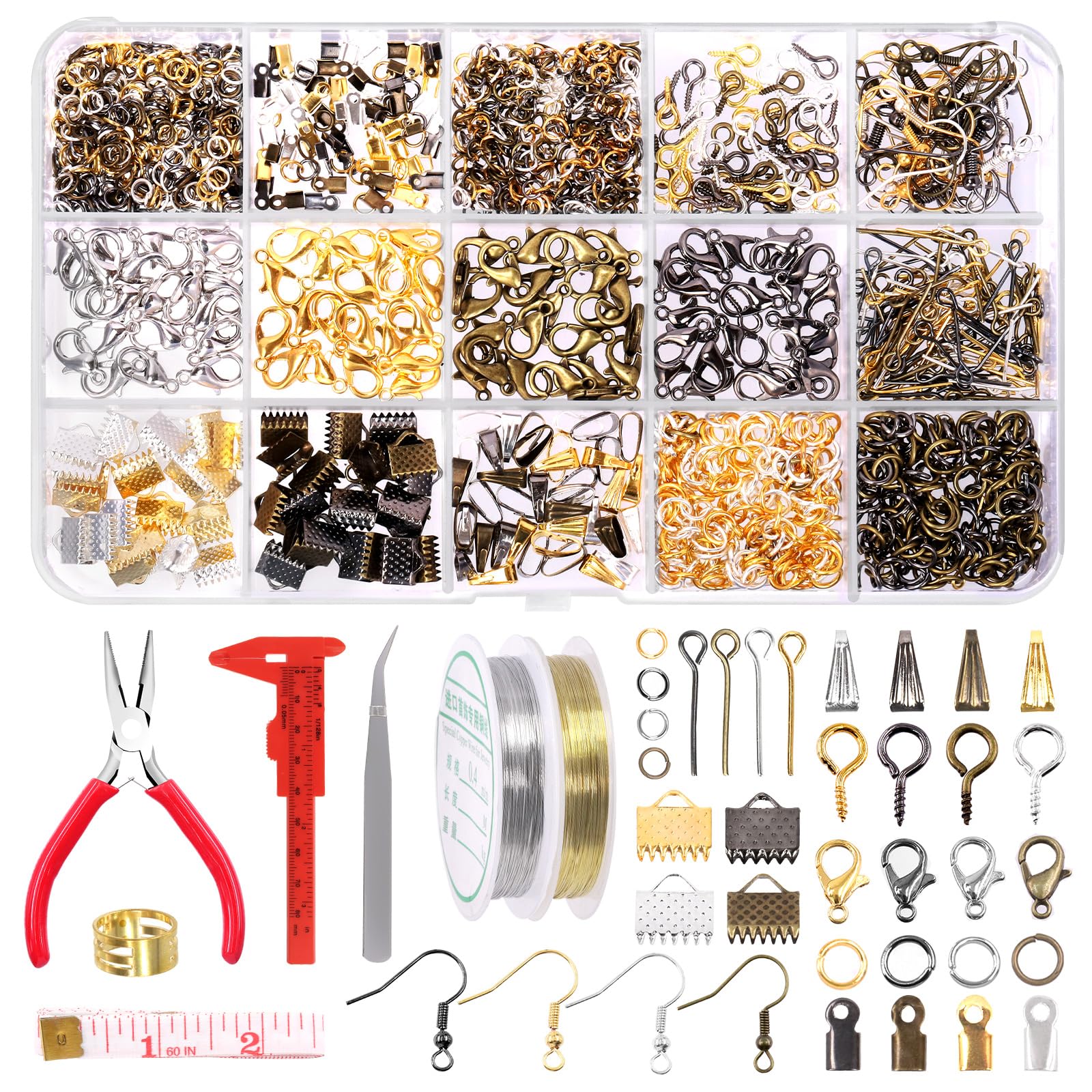Swpeet 1468Pcs Making Supplies Kit With Tools, 2 Colors Wires and Pliers, 40 Styles Findings, Plastic Caliper, Thimble Ring, Awl Tweezers Scissors
