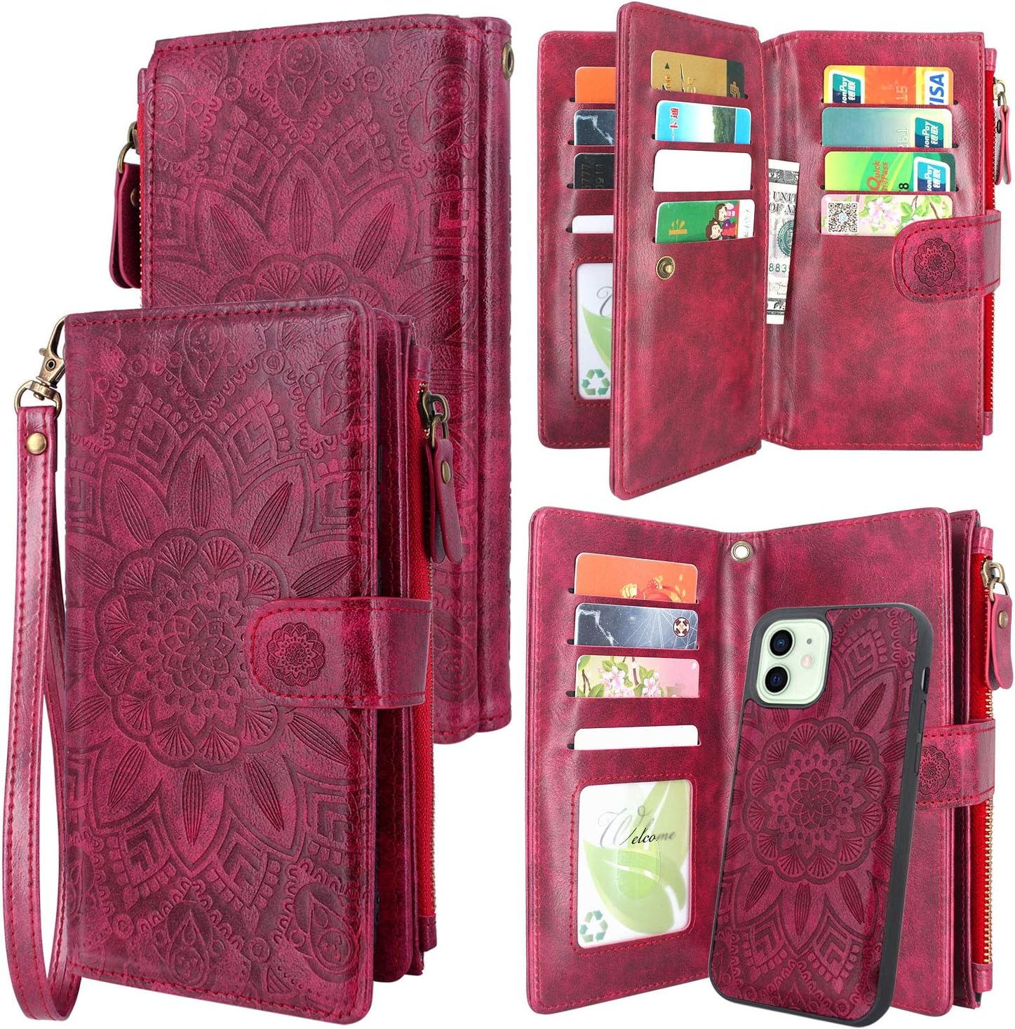 Harryshell Compatible with iPhone 12 / iPhone 12 Pro Case Wallet Detachable Magnetic Zipper Leather Cash Pocket with 12 Card Slots Holder Wrist Strap for iPhone 12 / Pro 2020 6.1 inch Floral Wine Red