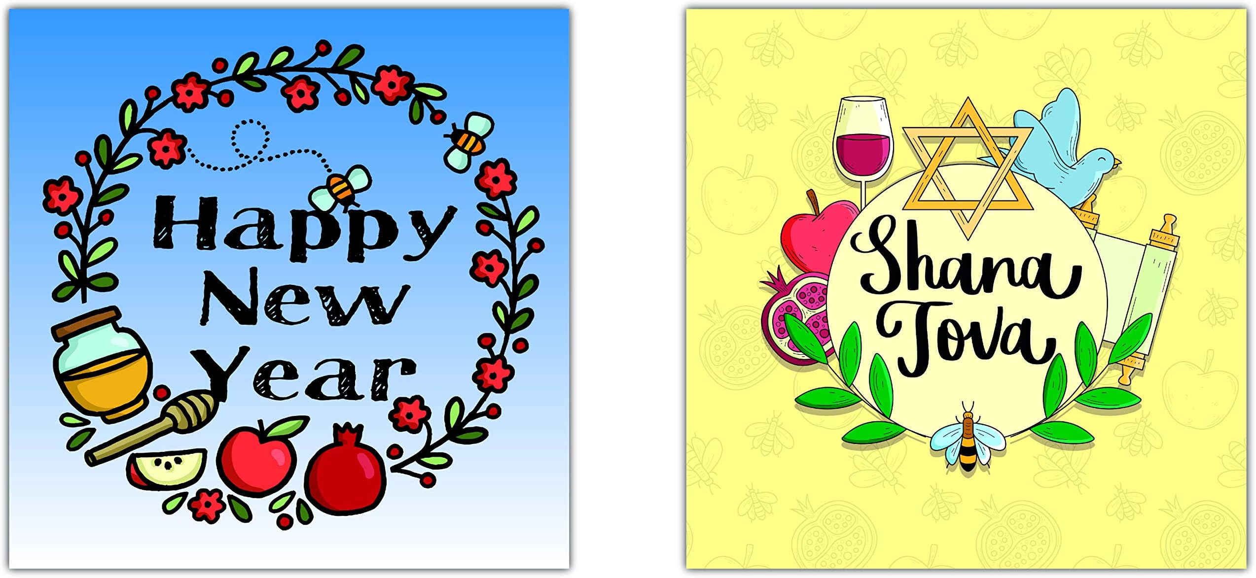 6 Square Jewish New Year Cards by Greetingles. with envelopes. Eco Friendly. 2 Designs Printed in UK.