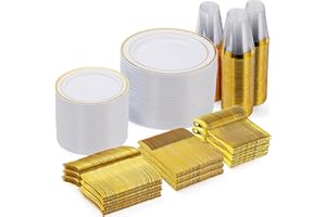 Goodluck 600 Pieces Gold Disposable Plates for 100 Guests, Plastic Plates for Party, Dinnerware Set of 100 Dinner and 100 Des
