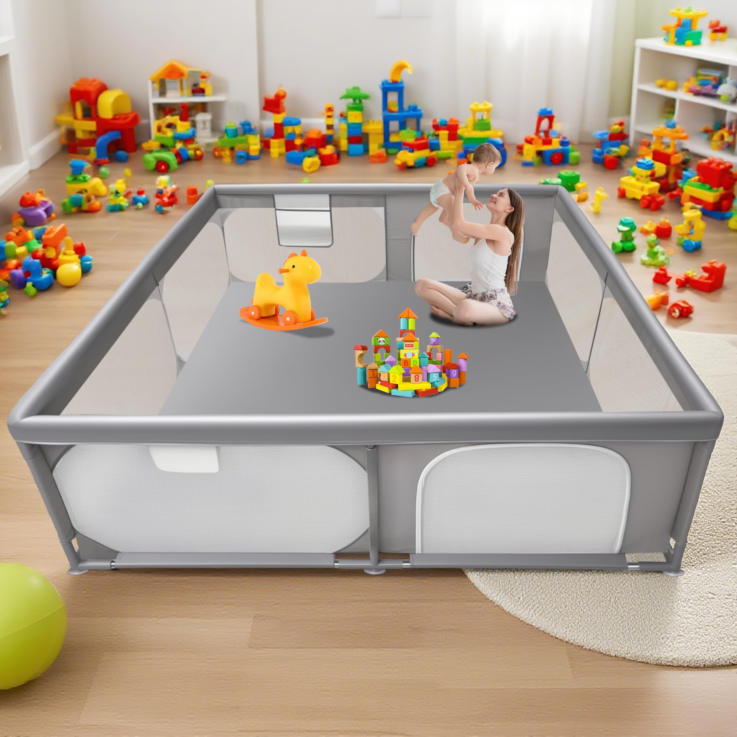 Photo 1 of Baby Playpen 79"x79" Extra Large Play Pen for Babies and Toddlers, Safety Baby Play Yard & Fence with Dual Zipper Doors, Dual Storage Mesh Pockets, and Fully Transparent Sides