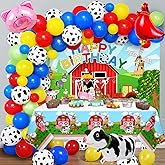 Golray 91Pcs Farm Animals Party Decorations Supplies, Farm Barn Animal Backdrop Farmhouse Decor Tablecloth Cow Print Horse Balloon Arch Garland Kit 1st Baby Shower Birthday Party Supply for Kids Girls