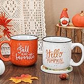 FYSUIMU 2Pcs Fall Coffee Mugs Orange White Hello Pumpkin Drinking Mug for Autumn Thanksgiving Table Centerpieces Decorations