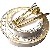 125-Piece White and Gold Floral Fancy Plastic Plates Disposable with Silverware, Elegant Dinnerware for Weddings, Holiday Party China, Set of 25 Dinner + Salad Plates, 25 Spoons, 25 Forks, 25 Knives