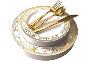 STOCK YOUR HOME 125-Piece White and Gold Floral Fancy Plastic Plates Disposable with Silverware, Elegant Dinnerware for Weddings, Holiday Party China, Set of 25 Dinner + Salad Plates, 25 Spoons, 25 Forks, 25 Knives