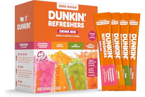 Dunkin’ Zero Sugar Refreshers Singles To Go! Powdered Drink Mix, 40 Ct Variety Pack, Energy from Green Tea, Aspartame-Free, J