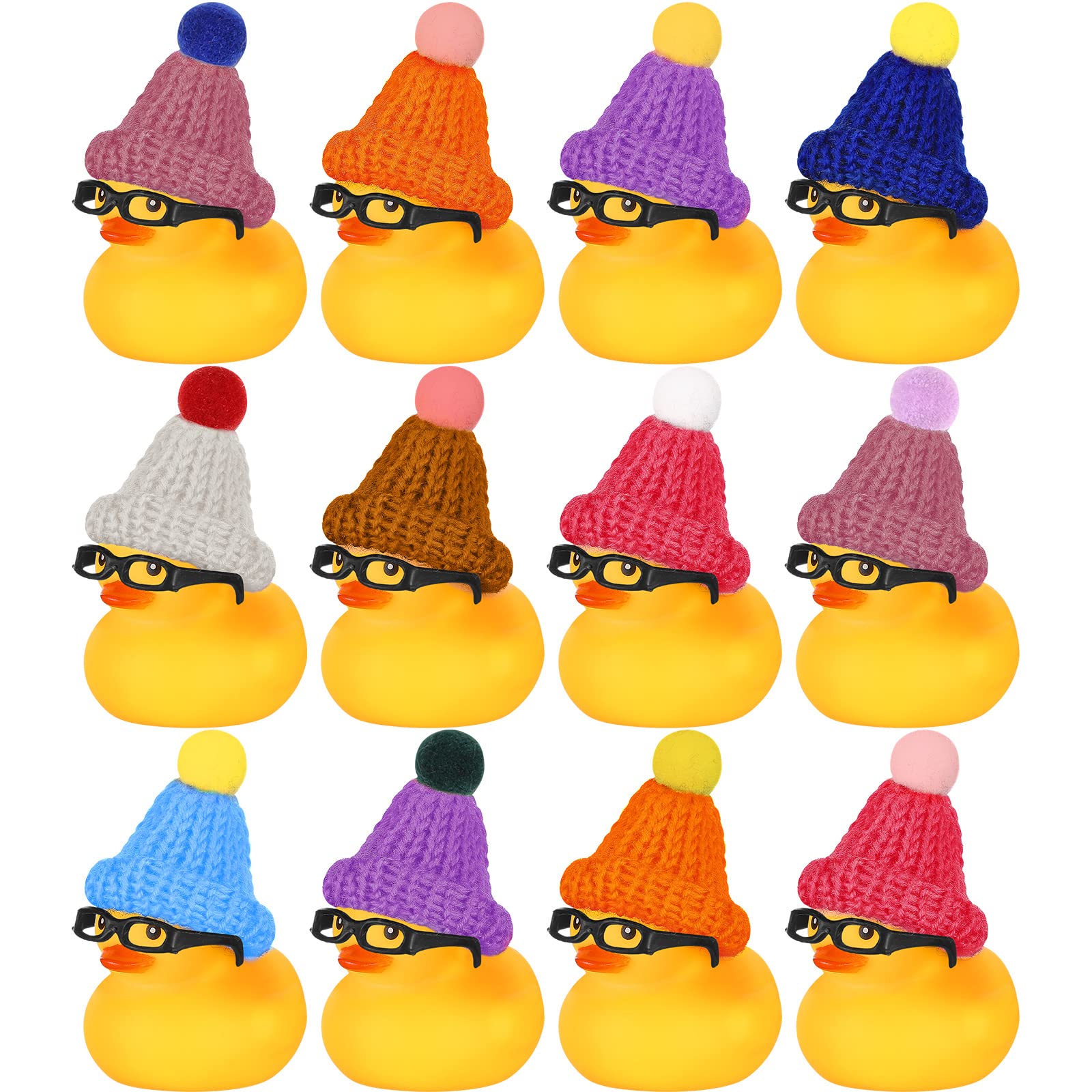 Chivao 12 Pcs Mini Rubber Ducks with Sunglasses/ Glasses and Hats/ Necklace, Cruise Rubber Ducks in Bulk Valentine Gift Small Bathtub Toy for Hiding Party Favor(Funny Style,Yellow)