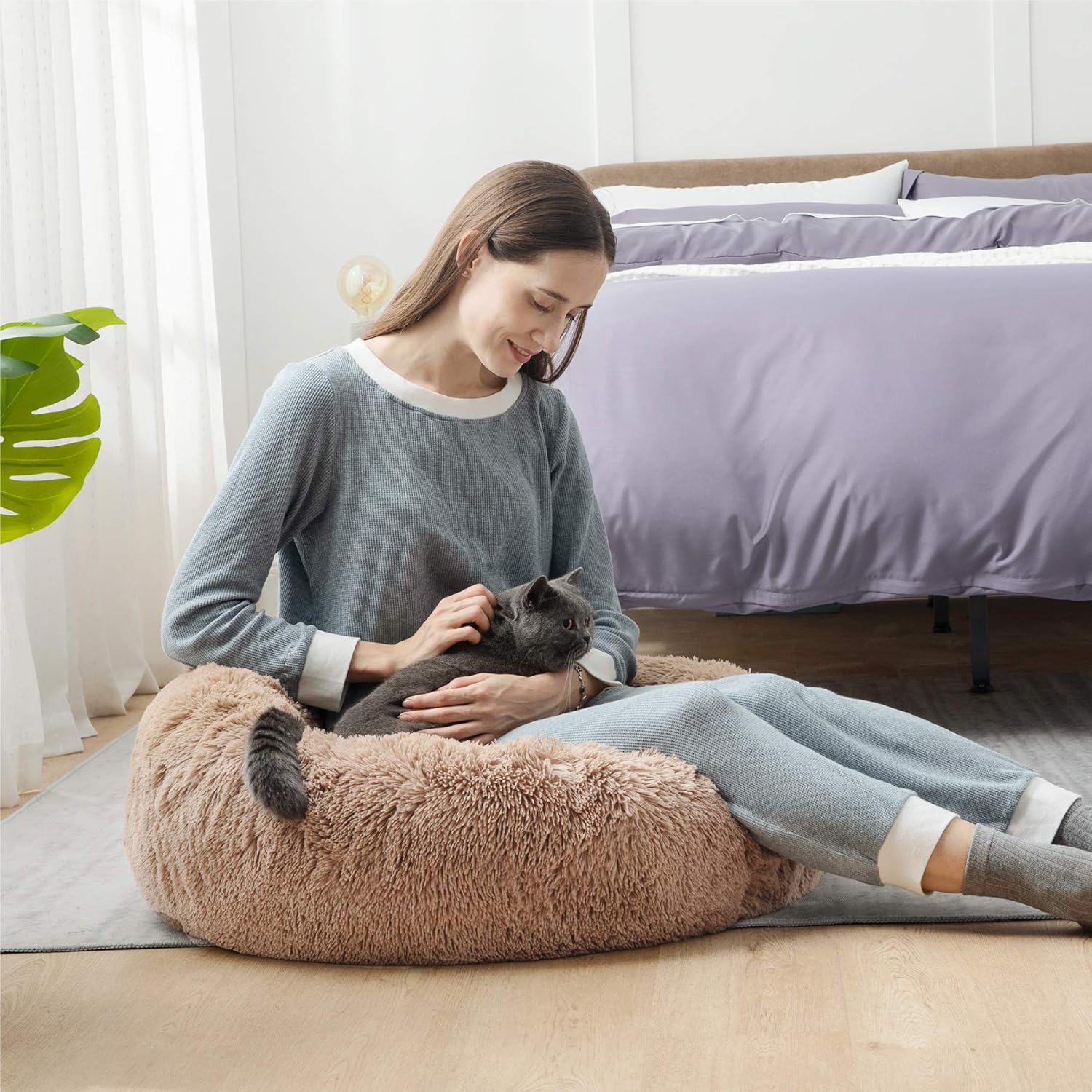 Bedsure Calming Dog Bed for Small Dogs - Donut Washable Small Pet Bed, 23 inches Anti Anxiety Round Fluffy Plush Faux Fur Cat Bed, Fits up to 25 lbs Pets, Camel : Kitchen & Dining