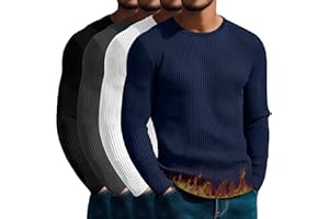 August Alley 4 Pack Men's Cotton Thermal Long Sleeve Shirts Ribbed Crew Neck Tops Slim Fit Undershirts Fall Winter Base Layer