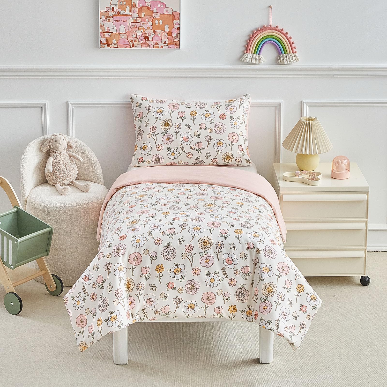 DuShow Floral Single Bedding Set For Girls,Kids Single Bed Duvet Cover and Pillowcase Set,Pink Flower Duvet Cover Set-135 x 200
