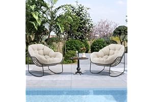 YDCOSYFY 2PCS Patio Rocking Chair with Padded Cushion Indoor Outdoor Comfy Papasan Rocker Chair with Upgraded Steel Frame Oversized Rattan Egg-Shaped Lounge Chair for Front Porch, Garden, Bedroom,Beige