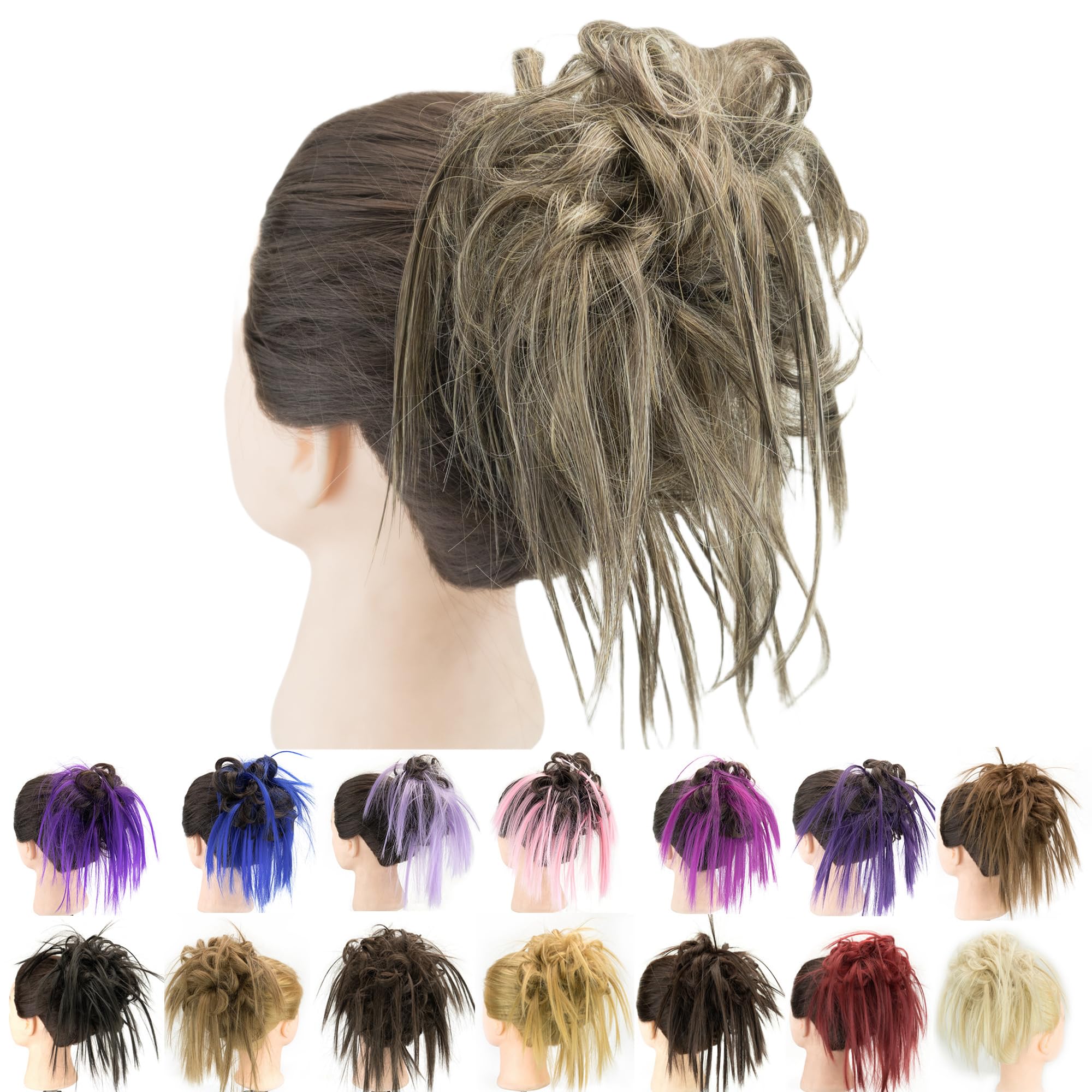 IMISSU 2PCS Messy Hair Bun Piece Updo Fake Scrunchies Extension Wavy Curly Hairpieces Ponytail Chignon Headband for Women (2PCS Ash Grey)