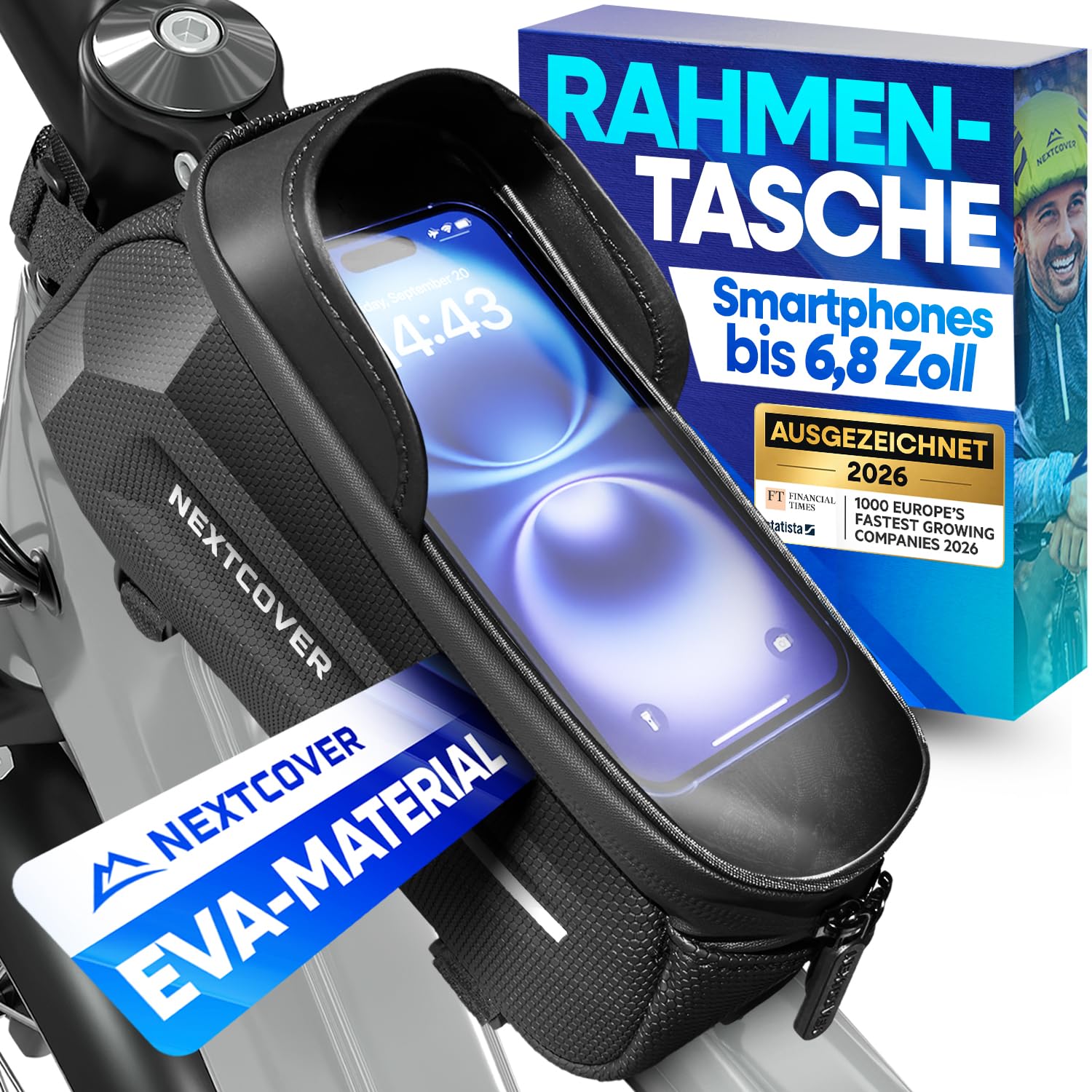 Nextcover® Rahmentasche Fahrrad mit Handytasche I Fahrrad Rahmentasche mit Touchscreen I Fahrradtasche Rahmen Wasserdicht, Oberrohrtasche Bikepacking - Ideal für E-Bike, MTB, Gravelbike, Rennrad