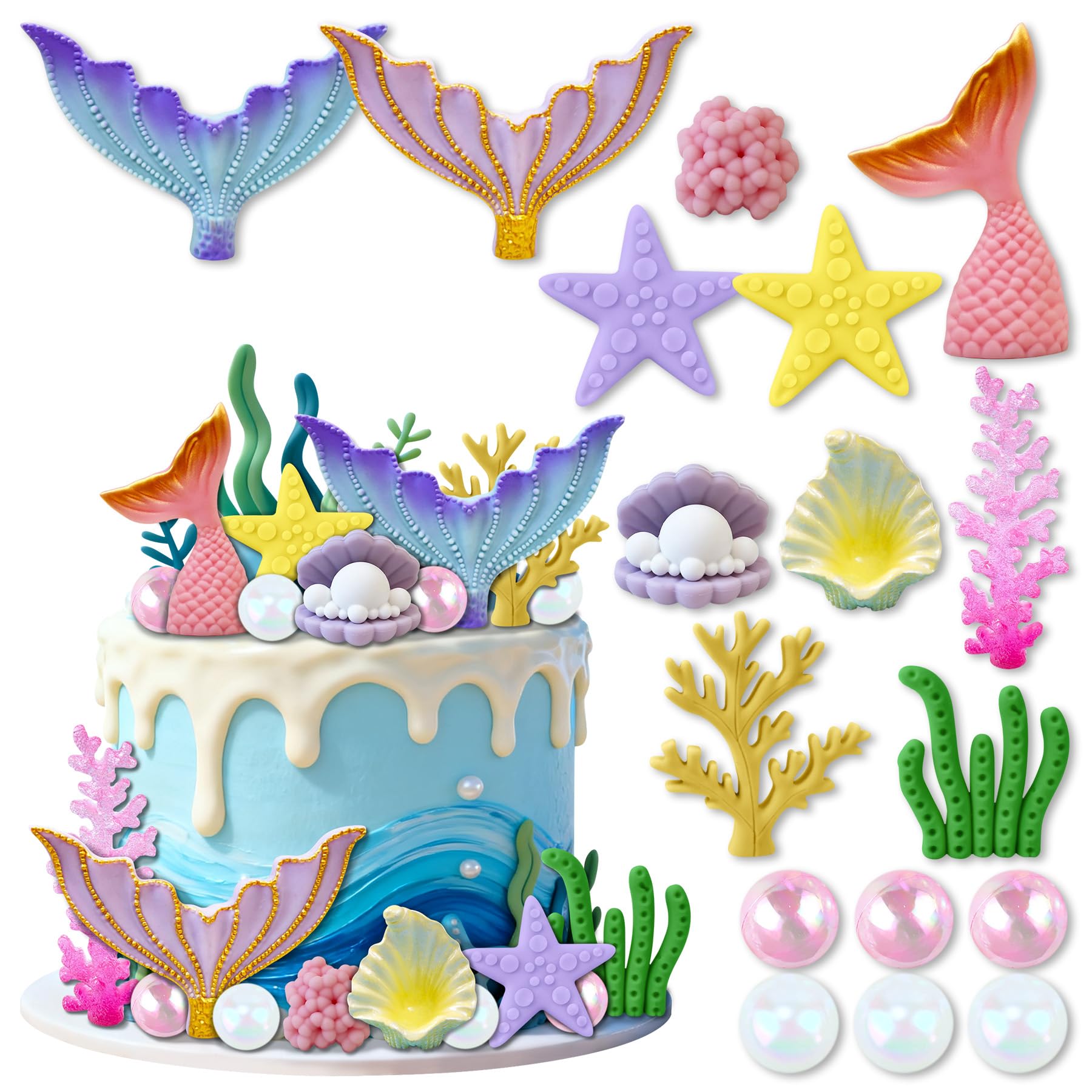 Photo 1 of 17 PCS Mermaid Cake topper Under the Sea Cake Decorations Balls Cake Decor Party Supplies