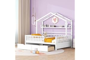 BELLEMAVE House Bed with Storage Drawers and Rails, Full Size Kids Montessori House Bed with Shelf, Wood Tent Cabin Beds Frame for Girls Boys Teens, White