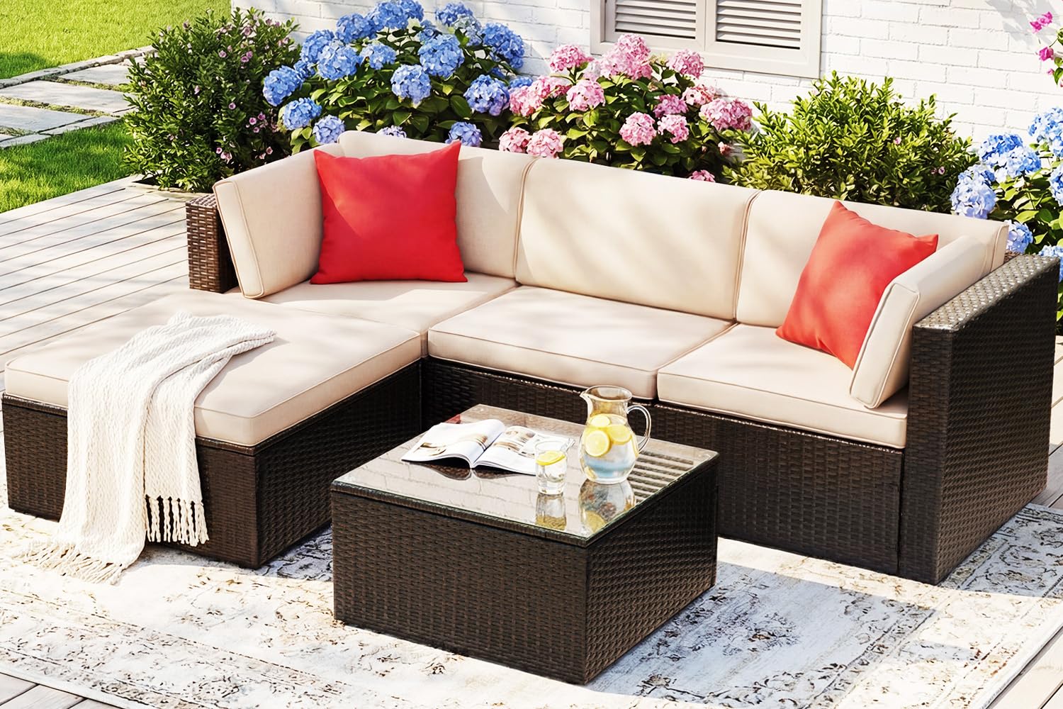 Photo 1 of *** incomplete set *** Devoko 5 Pieces Patio Furniture Sets All Weather Outdoor Sectional Patio Sofa Manual Weaving Wicker Rattan Patio Seating Sofas with Cushion and Glass Table (Beige)