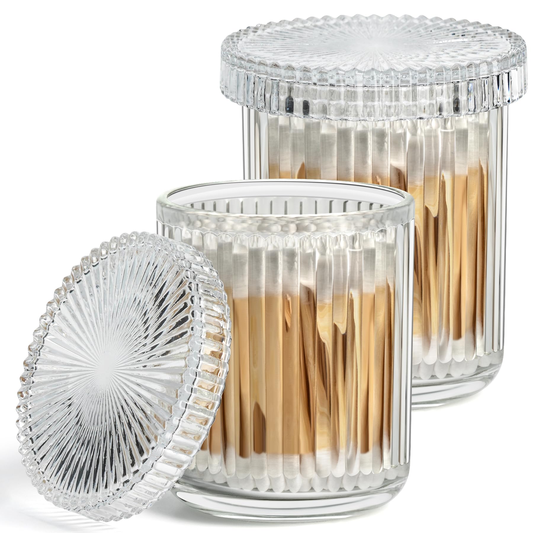 Photo 1 of MKOSAB 2 Pack Qtip Holders for Bathroom, Clear Glass Apothecary Jars with Lids,Vintage Bathroom Canisters for Cotton Balls,Swabs,Floss Picks,Hair Ties,Vanity Organizer and Storage Decor