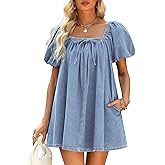 POTILI Denim Dress for Women, Puff Short Sleeve Jean Dress Square Neck Denim Romper with Pockets