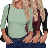 Ficerd 3 Pack Women's 3/4 Sleeve Boat Neck T Shirts Slim Fit Tight Basics Top Casual Comfy Shirts (Black, Teal, Wine Red,XX-Large)