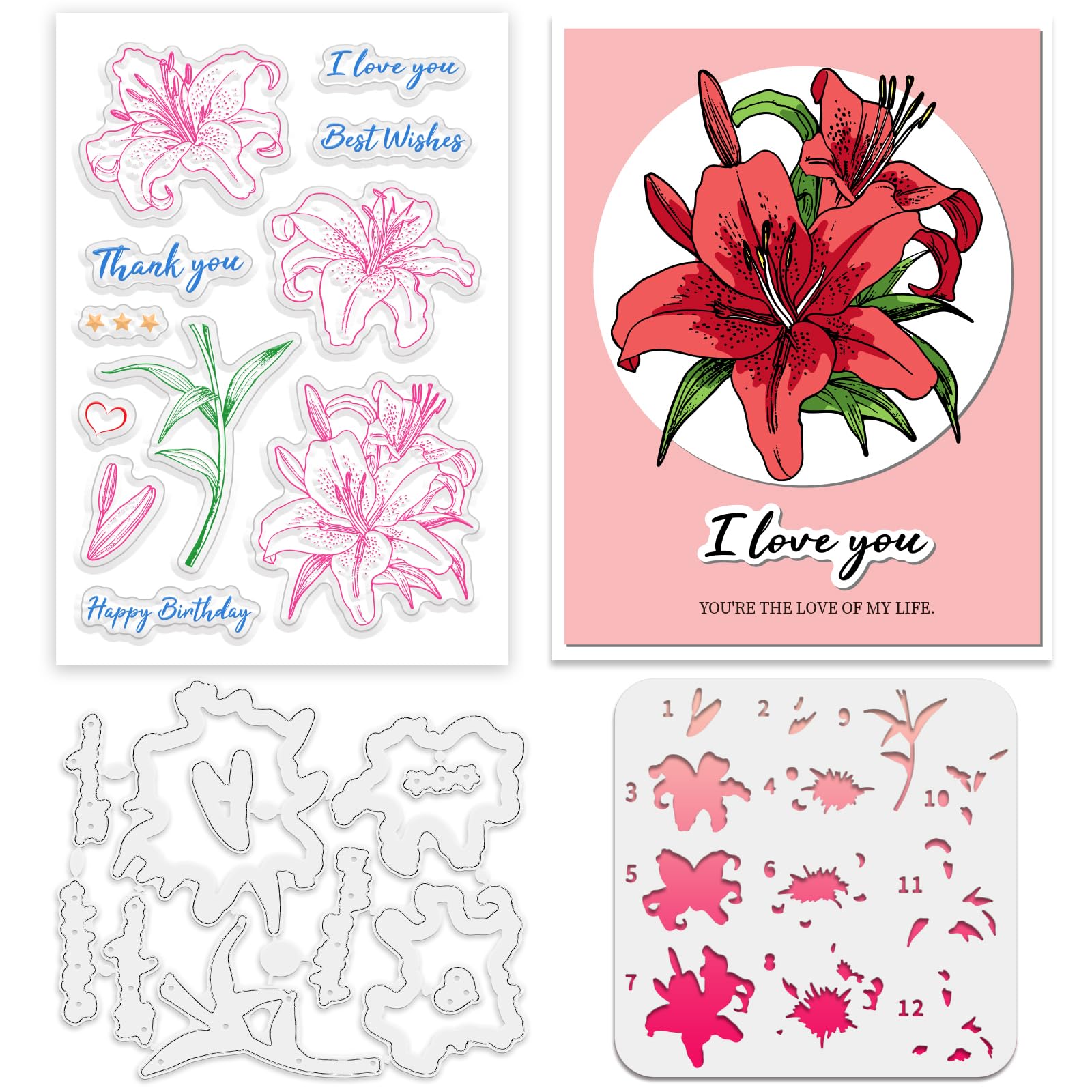 INFUNLY Lily Stamp and Dies Flower Painting Stencils 6.3×4.3" Plants Clear Stamps and Cutting Die Lily Floral Layer Hollow Painting Stencil Set for DIY Card Making Scrapbooking Craft Home Decor