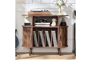 LELELINKY Large Round Record Player Stand with Charging Station & Fluted Panel, Brown Mid Century Modern Turntable Cabinet with Vinyl Storage, Arched Wood Record Player Table for Living Room